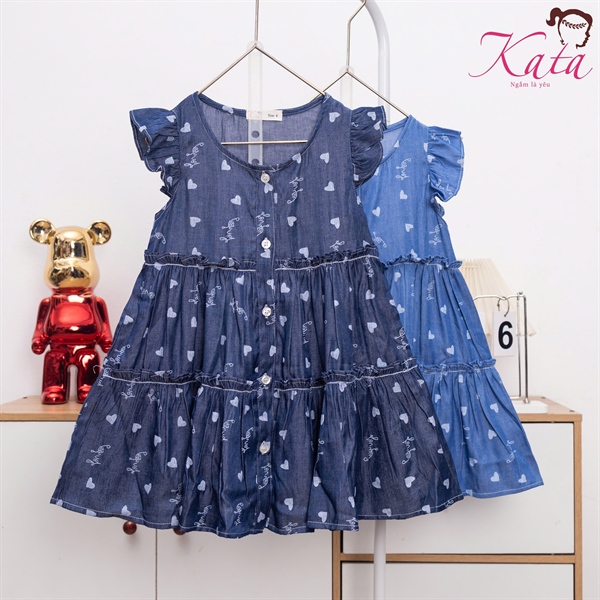 Đầm Bé Gái Denim Tim Nhún Tầng Size 4-14 | Bé 12-35kg