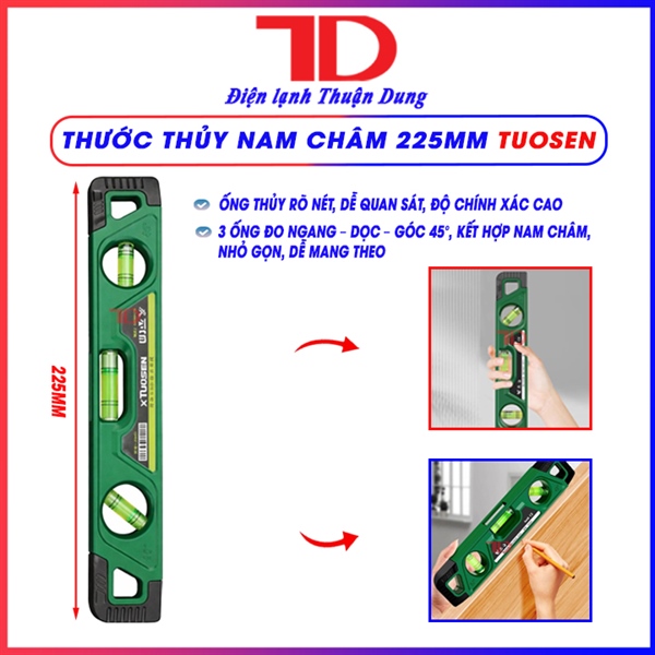 Thước thủy Tuosen 25841, có nam châm, từ tính mạnh 225mm, 22.5cm (hộp 30 cái)