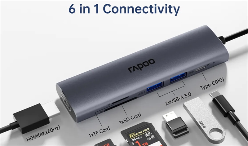 Dây chuyển Type C 6 in 1 RAPOO XD61 (HDMI+USB 3.0x2+PD100W+USB C+PD, TF ) (6T)