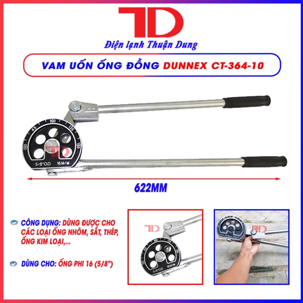 Vam uốn ống đồng DUNNEX, model CT-364-10, dùng cho ống phi 16 (5/8"), dùng cho ống đồng, nhôm, thép, ống kim loại mỏng, tay cầm điều chỉnh 180 độ (thùng 8 cái)
