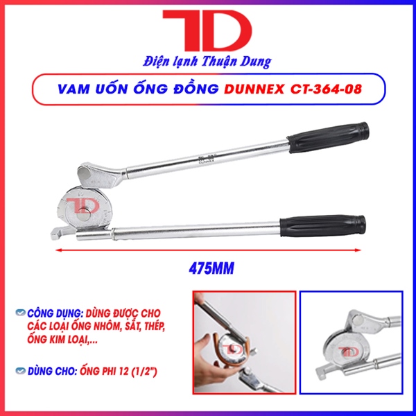 Vam uốn ống đồng DUNNEX, model CT-364-08A, dùng cho ống phi 12 (1/2"), dùng cho ống đồng, nhôm, thép, ống kim loại mỏng, tay cầm điều chỉnh 180 độ (thùng 12 cái)