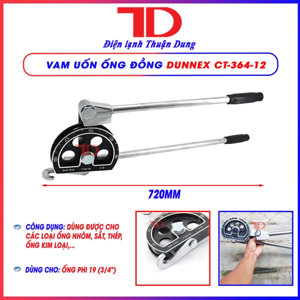 Vam uốn ống đồng DUNNEX, model CT-364-12, dùng cho ống phi 19 (3/4"), dùng cho ống đồng, nhôm, thép, ống kim loại mỏng, tay cầm điều chỉnh 180 độ (thùng 8 cái)