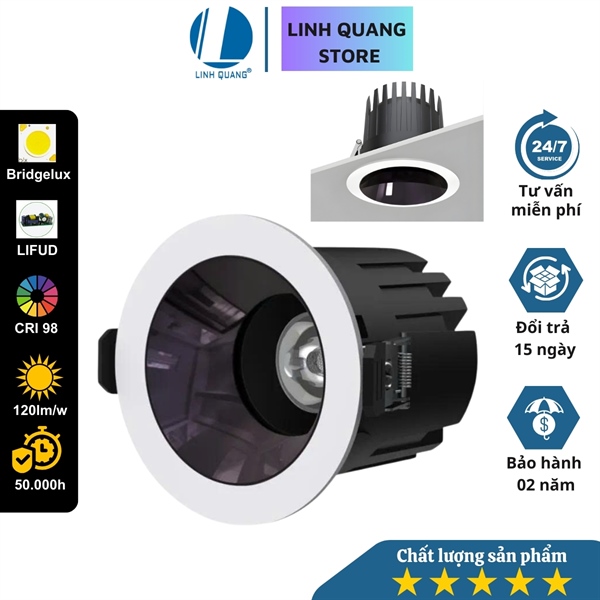 Đèn LED âm trần Spotlight SM12 Viền trắng chóa đen, chống chói cao cấp, lỗ khoét 70mm