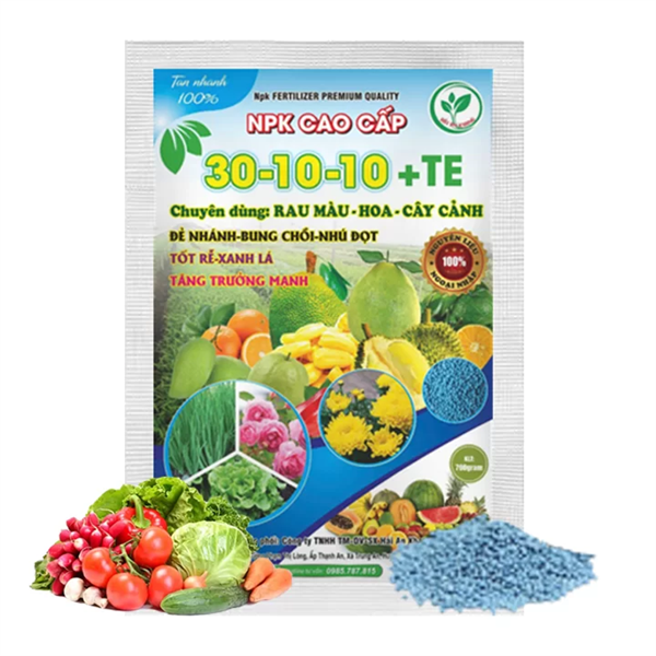 Phân NPK 30-10-10+TE (chuyên : Rau Màu - Hoa - Cây Cảnh) giúp đẻ nhánh - bung - chồi - nhú đọt, tốt rễ - xanh lá, tăng trưởng mạnh - 1 kg