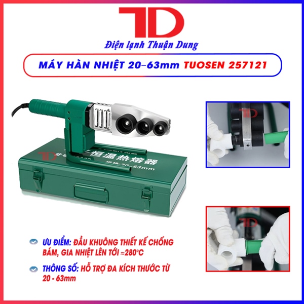 Máy hàn nhiệt Tuosen 257121, bộ sấy 20–63mm + 1 dây chống bỏng 1m + đầu khuôn vàng đen dày, máy hàn ống nước PPR (1 thùng/10 bộ) - CHƯA ĐĂNG