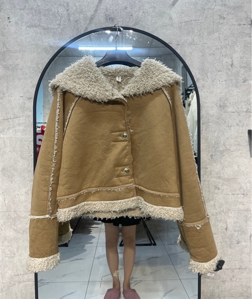 Áo da lộn phối lông xoăn nâu