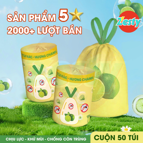 Túi Đựng Rác Cuộn 50 Cái Có Dây Rút Hương Chanh Khử Mùi Đuổi Côn Trùng Đáy Kín Chống Tràn Size 45x50