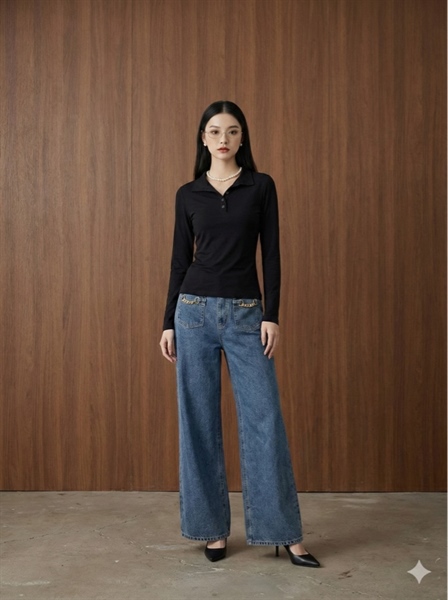 Cara Top | Áo thun basic cổ bẻ dài tay phối nút