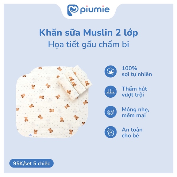 Set 5 khăn sữa Musline 2 lớp Piumie HT gấu chấm bi