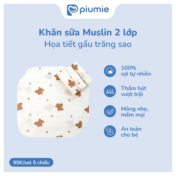 Set 5 khăn sữa Musline 2 lớp Piumie HT gấu trăng sao