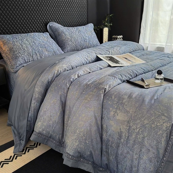 Bộ ga chần Vip | Cotton tencel 80S - Chần full - Xanh họa tiết cây lá, Viền ren hoa - LX08.01