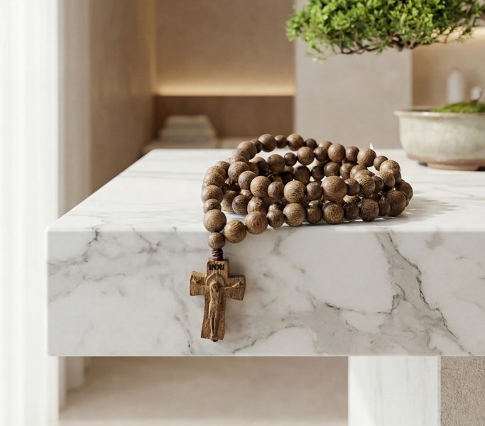 Chuỗi trầm Haga Công Giáo (mân côi) cao cấp nâu nhạt 8ly