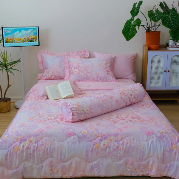 Chăn hè (Vỏ mền/ vỏ mền chần) Tencel 60s họa tiết hoa đào hồng