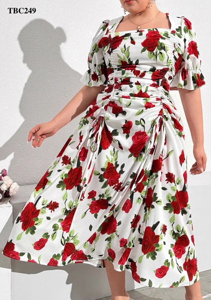 French Retro Square Neck Floral Drawstring Ruffle Puffy Leave Slimming Dress