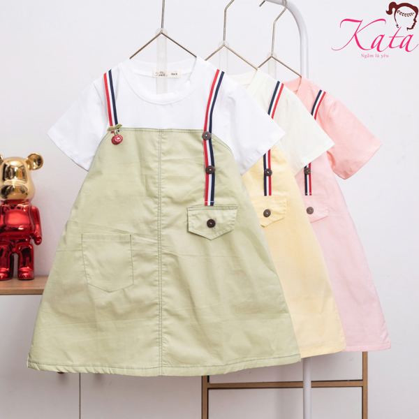 Đầm Bé Gái Phối Áo Thun Giả Yếm Chữ A Size 4-14 Cho Bé 12-35kg