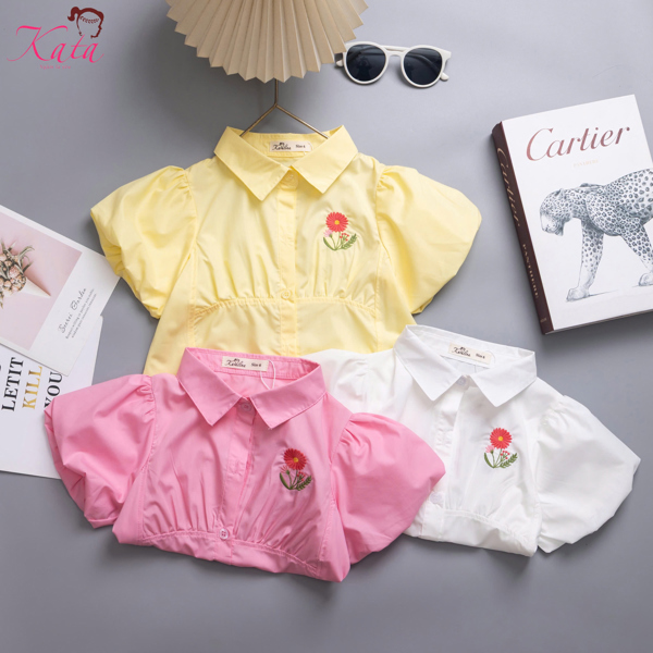 Áo Bé Gái Tay Phồng Thêu Hoa Cao Cấp 12-35kg | Áo Sơ Mi Bé Gái Đẹp Kata Fashion