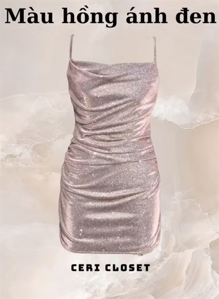 Đầm 2 dây cổ đổ hồng nhũ ánh đen S
