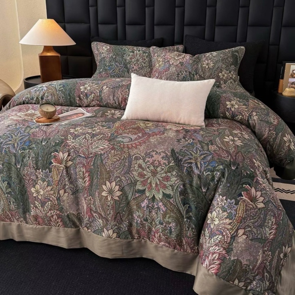 Bộ ga chần Vip | Cotton Tencel - "Hoa đảo Tịch Dương" - Họa tiết hoa lá cổ điển paisley - Xanh rêu hoa be - LX10.01