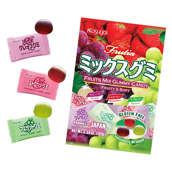 Kẹo dẻo Nhật Bản Kasugai trái cây vị nho dâu nho xanh 102g