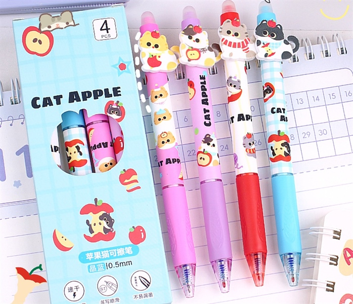 Hộp 4 bút MÈO - TÁO + CHARM, có đầu tẩy, mực xanh, SP3293