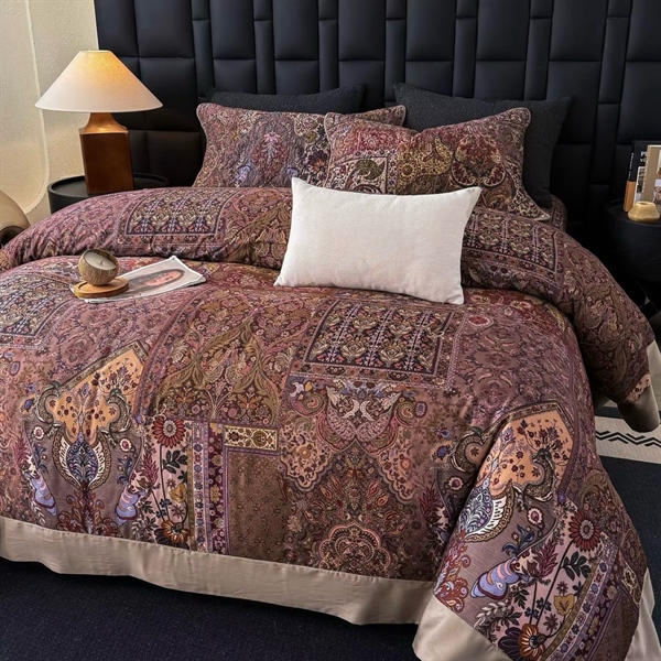 Bộ ga chần Vip | 50S Cotton tơ in hoa "Nguyệt Ảnh Lưu Ly" - Chần full - Màu tím - Paisley cổ điển - LX10.03