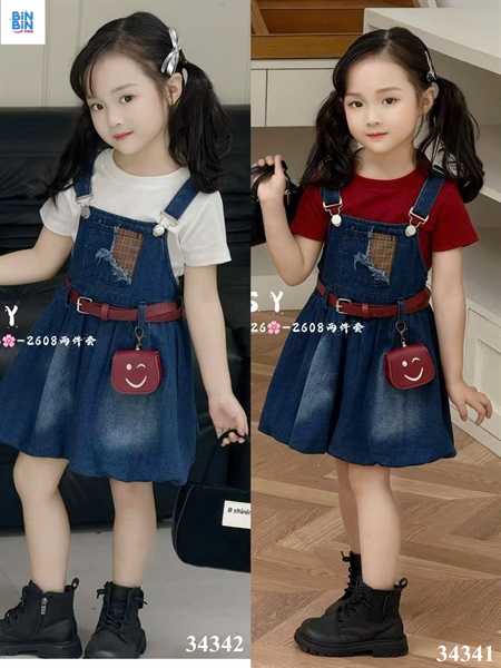 34341- Set yếm jeans bí áo đỏ