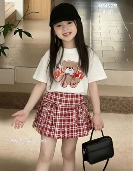 S1545 Set áo gấu váy xếp li kẻ đỏ
