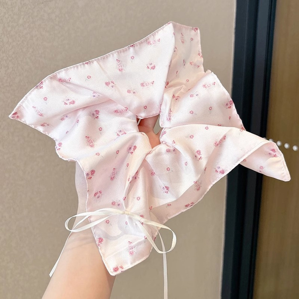 Dây scrunchies buộc tóc vuông lụa stin hoa nhí hồng