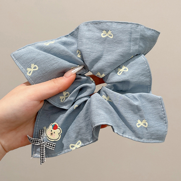 Dây scrunchies buộc tóc vuông nơ xanh