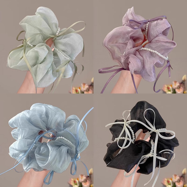 Dây scrunchies buộc tóc voan kính đính nơ ngọc