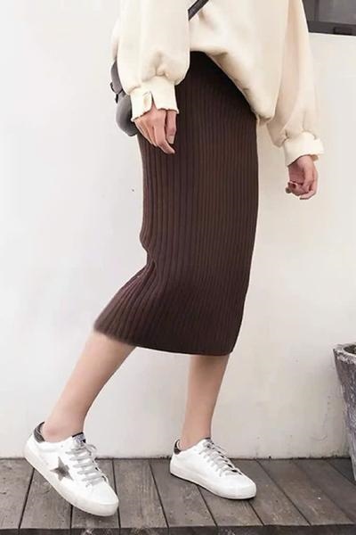 Chân váy QCCC len nâu gân to dài 70-72cm (free sz 40-65kg ) C223