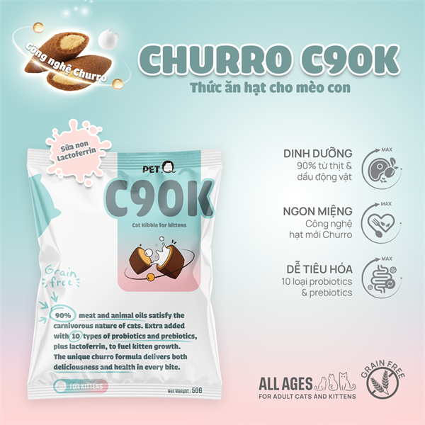 Thức ăn hạt mèo mix gà sấy Churro C90 | PetQ