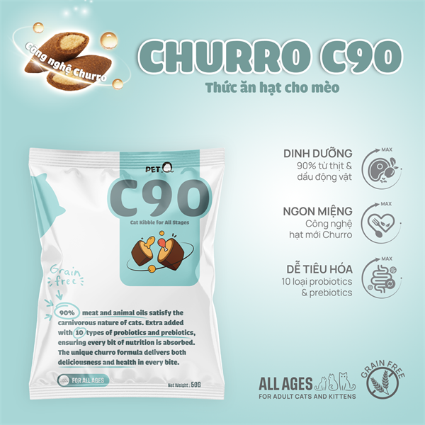 Thức ăn hạt mèo mix gà sấy Churro C90 | PetQ