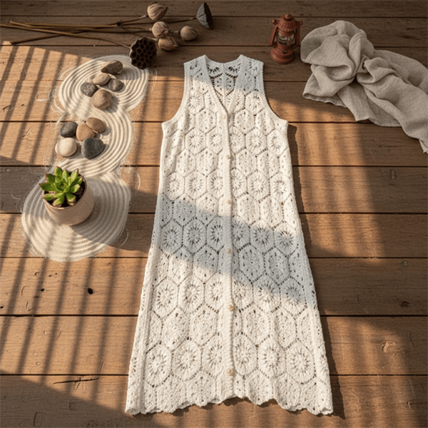 Áo choàng ngoài dáng dài sợi móc hình lục giác (trắng/be)