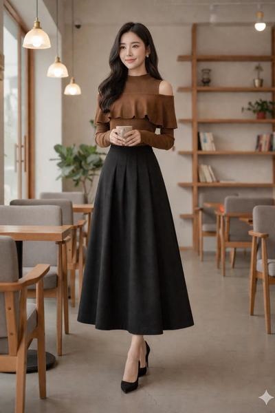 Set áo len cutout vai + CV dạ ly đuổi dài đen ( 1cv dạ 1 lớp+ 1 mếch- co dãn nhẹ) V499