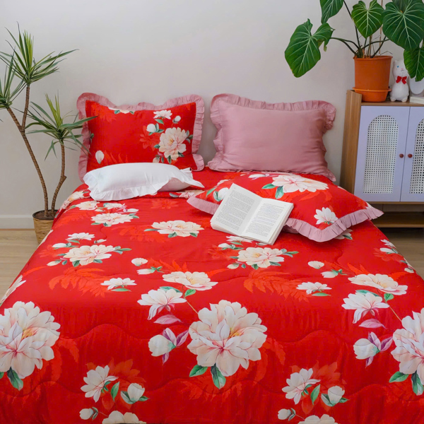 Bộ drap 4 món Tencel 60s họa tiết hoa đỏ
