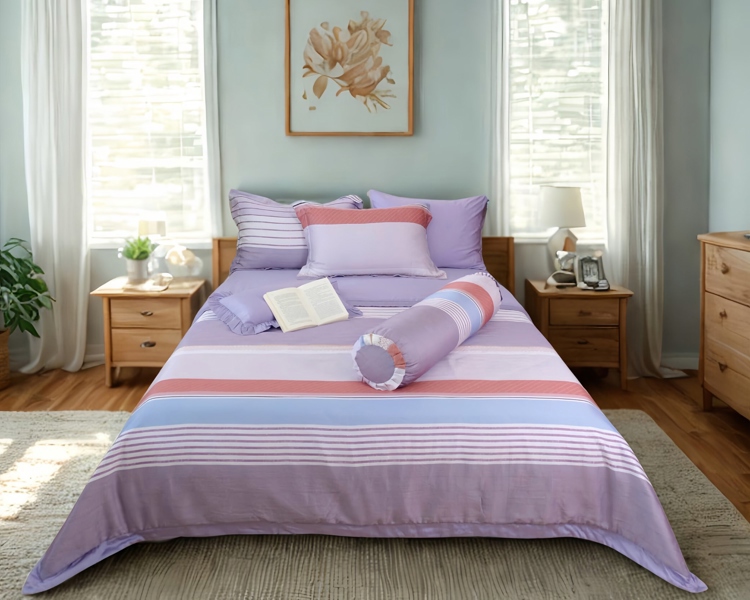 Bộ drap 4 món Tencel 60s họa tiết sọc nâu, đỏ