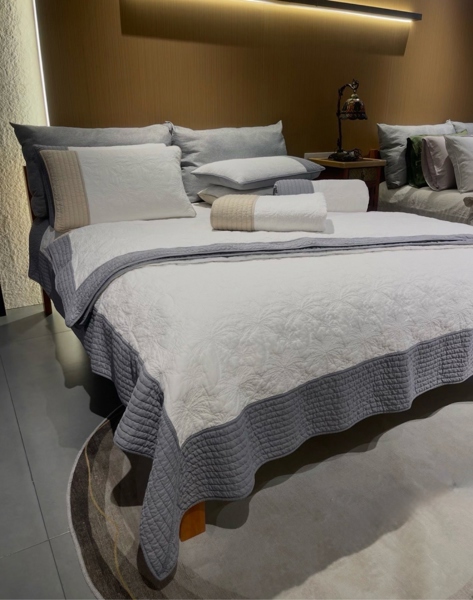 Bộ chần full | Cotton - Vỏ chăn chần, Họa tiết cây cọ - Trắng viền ghi - JF15.01