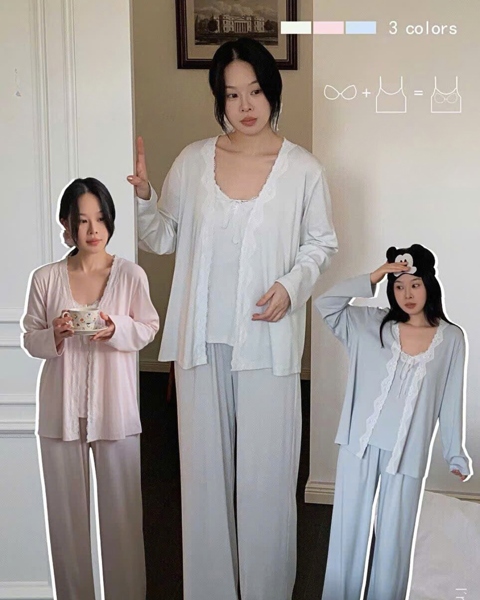 Combo bộ ngủ 3 item DSTUDIO kèm lót ngực viền ren nữ tính D2603