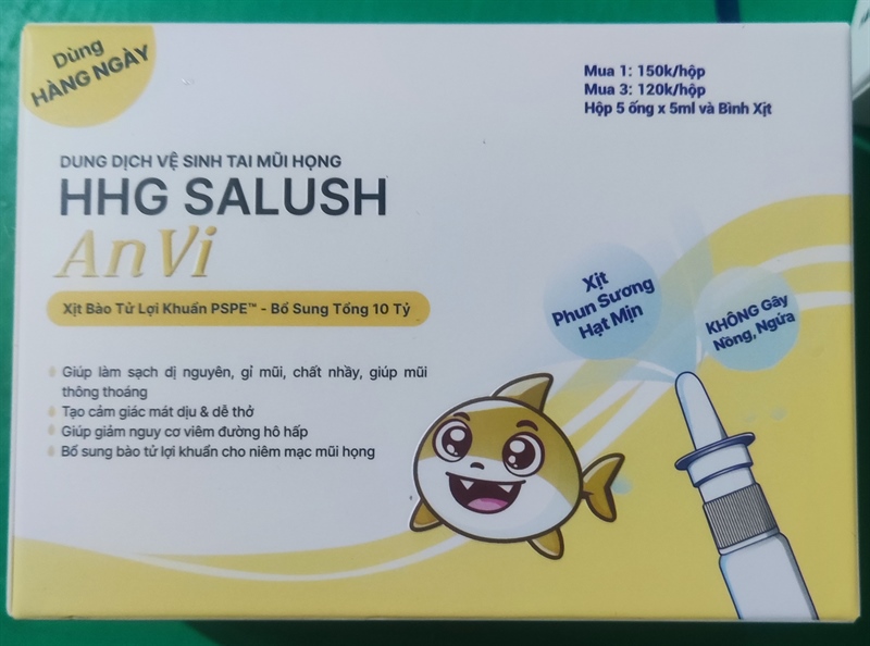 Dung dịch vệ sinh tai mũi họng HHG Salush AnVi (Hộp 5 ống x 5ml + Bình xịt)