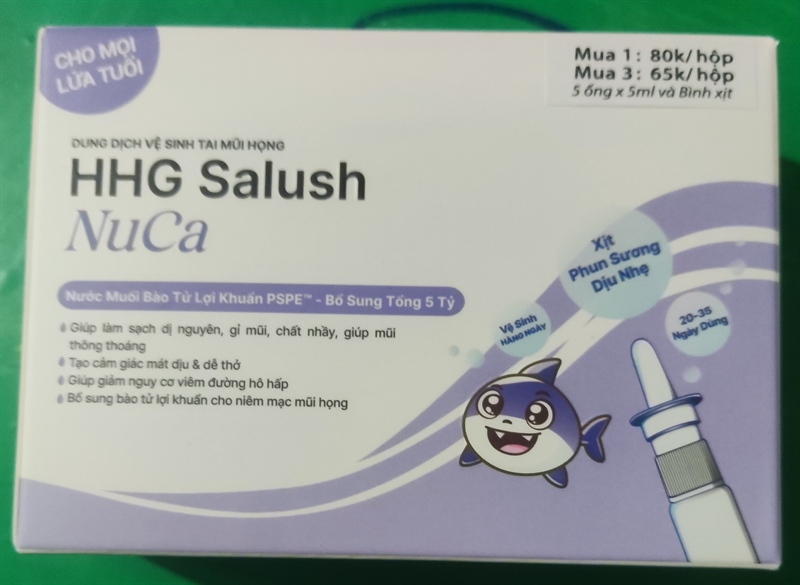 Dung dịch vệ sinh tai mũi họng HHG Salush NuCa (Hộp 5 ống x 5ml + Bình xịt), cho mọi lứa tuổi