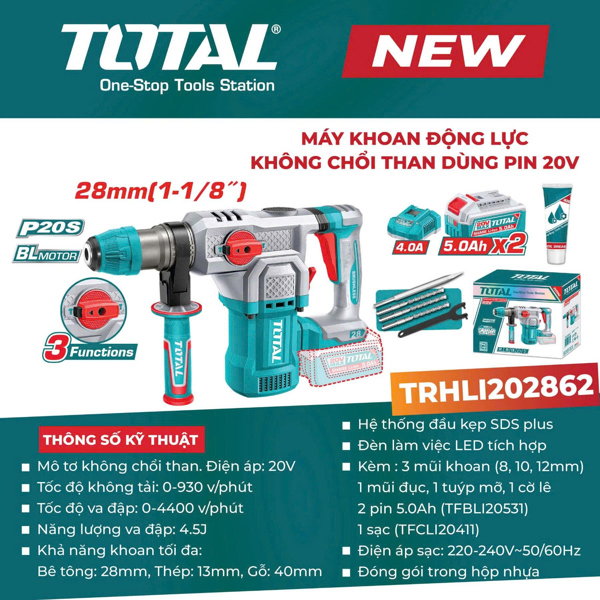 Máy khoan động lực không chổi than dùng pin 20V TOTAL TRHLI202862