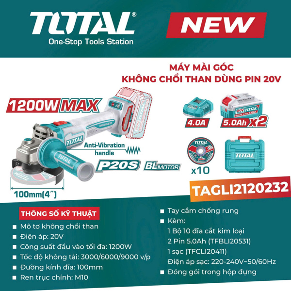 Máy mài góc không chổi than dùng pin 20V TOTAL TAGLI2120232