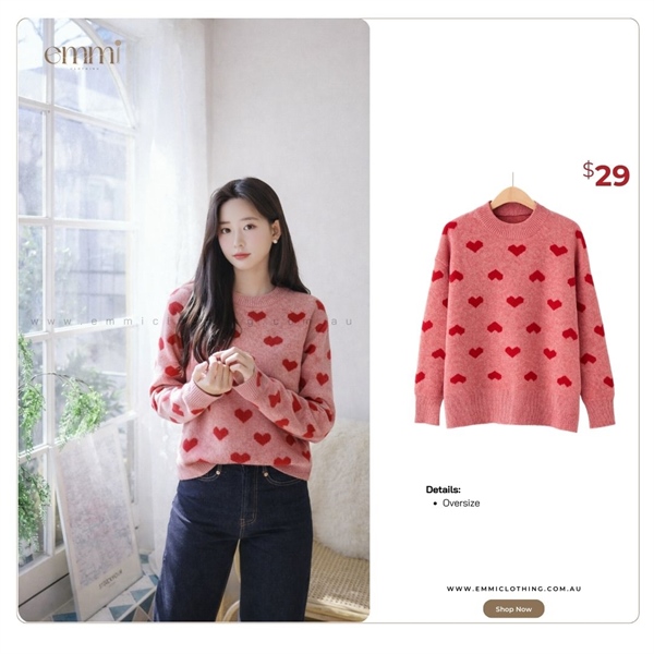 Pink Red Heart Pattern Knit