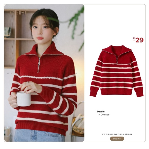 Red Cream Half Zip Stripe Knit
