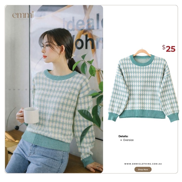 Mint & Cream Check Balloon Sleeve Knit