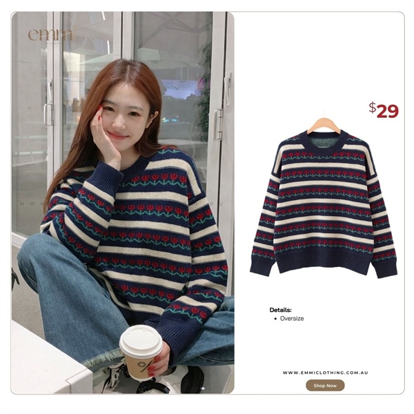 Navy Red Floral Stripe Knit