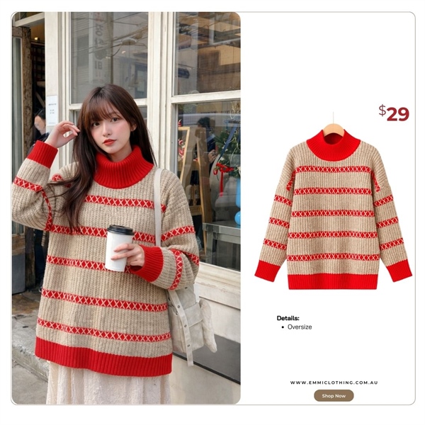 Beige Red Mock Neck Knit