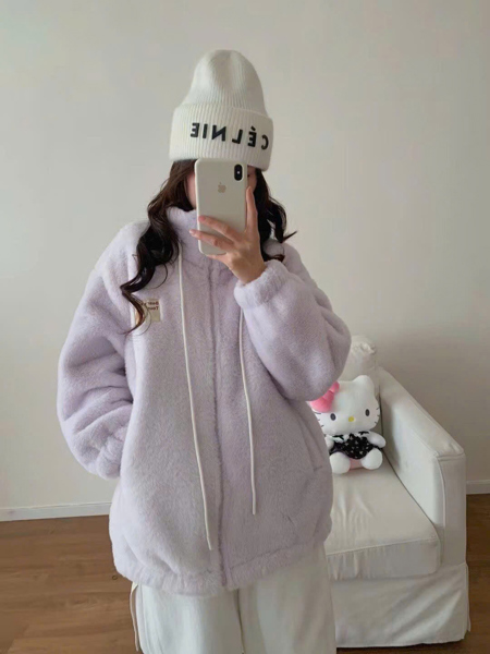 Áo khoác bông giả lông thỏ ấm áp DSTUDIO lót lông mềm mại họa tiết gấu nhỏ