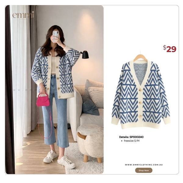 Blue Geometric Long Knit Cardigan